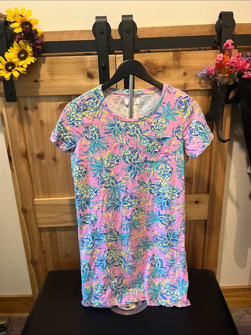 Stella Parker Pink Pineapple-Print Midi Dress with Short Sleeves